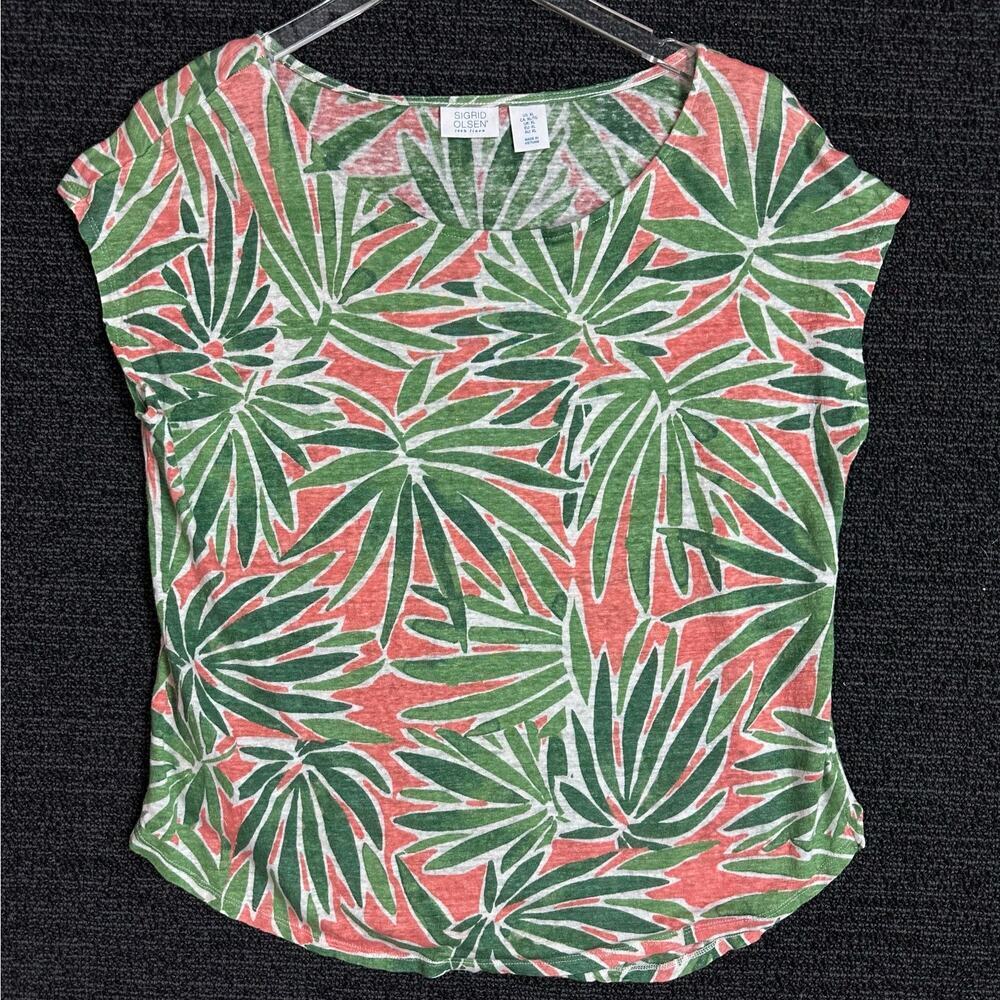 Sigrid Olsen Top Womens Size XL 100% Linen Green Tropical Coastal Lightweight